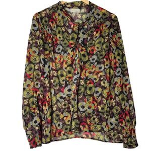 Boho Floral Silk Blouse Womens Size Small Sheer Long Sleeve Tie‎ Neck Hinge